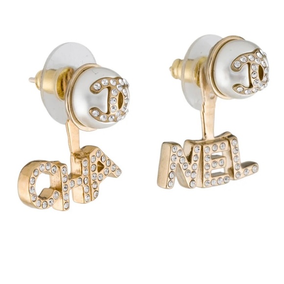 Faux Pearl & Strass ‘CHA-NEL’ Earring Jacket Stud Earrings - Picture 2 of 6